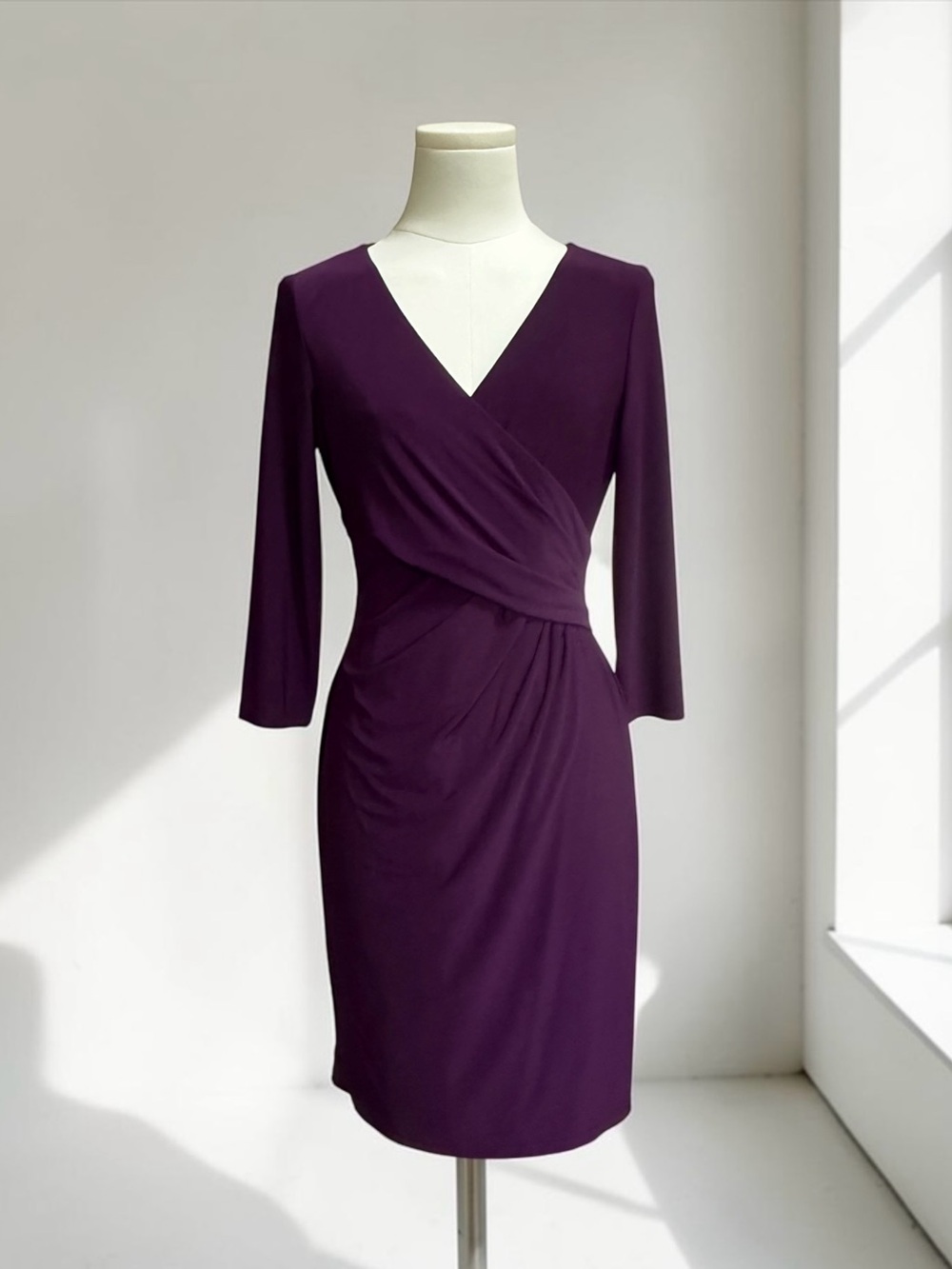 NWOT Lauren Ralph Lauren Plum Rouched Faux Wrap Sheath Dress! 8P Petite - Picture 2 of 7